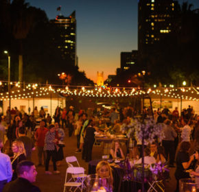 An image of lights and small tents at night at the wine festival
