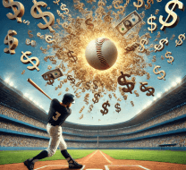 Image of a baseball player swinging his bat at home plate and the ball exploding into lots of dollar signs. The perspective to be from behind home plate.