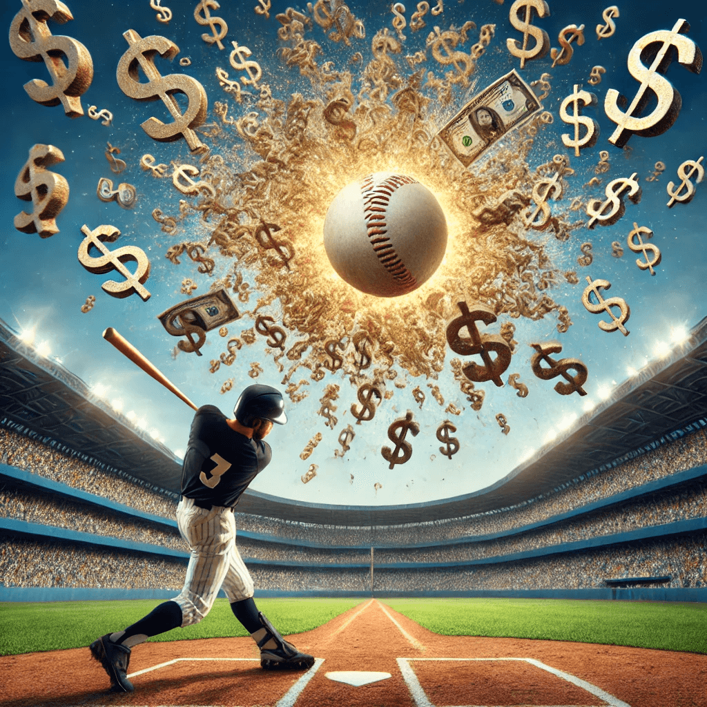 Image of a baseball player swinging his bat at home plate and the ball exploding into lots of dollar signs. The perspective to be from behind home plate. 