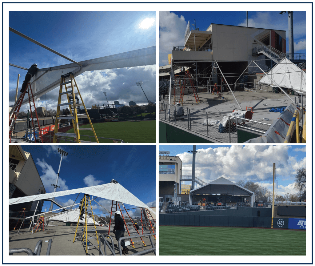 Photo collage of the Made in the Shade's 50x45 Beer Garden Tenting at Sutter Health Park.