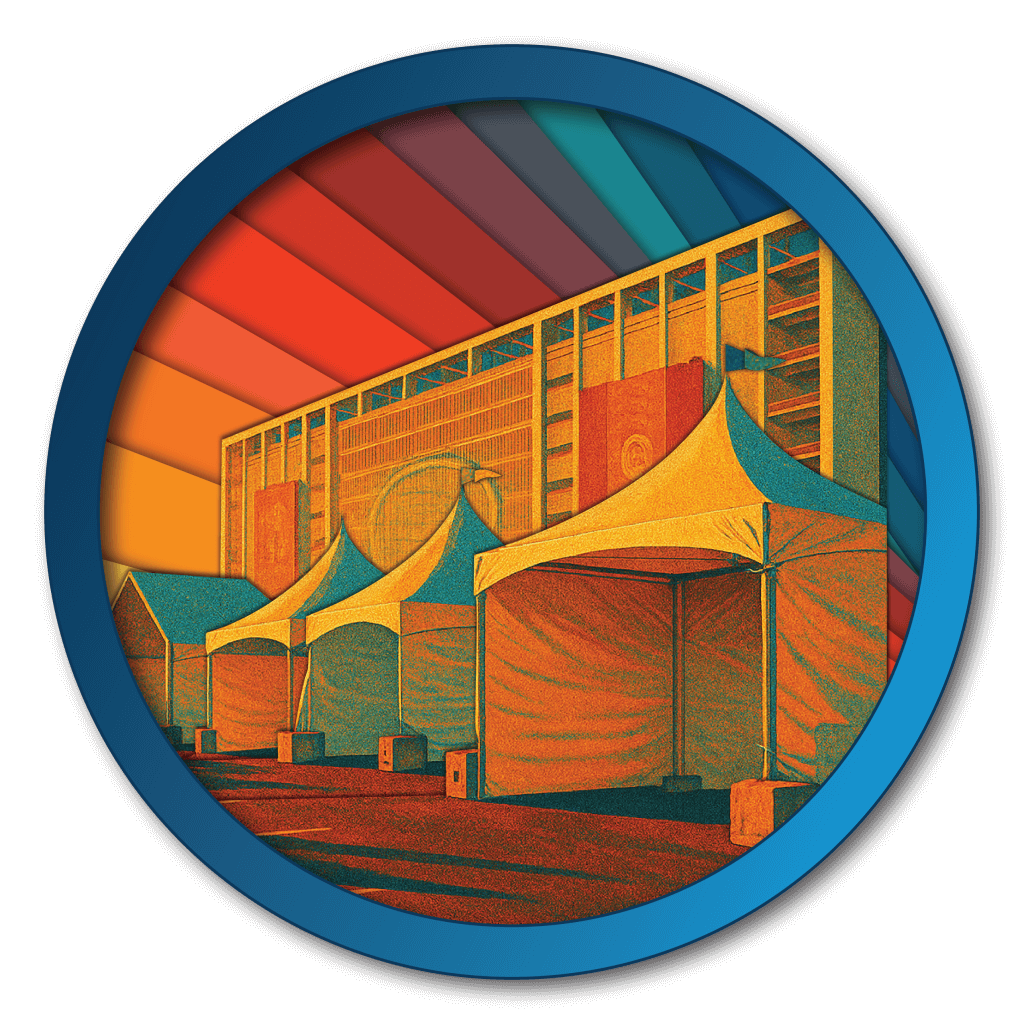 Illustrated graphic depicting a tenting set up in front of Levi's Stadium, home to the San Francisco 49ers.